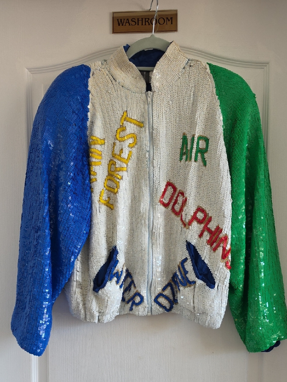 Sequin Colorblock Adult Puffer Jacket - White, Blue & Green 1980